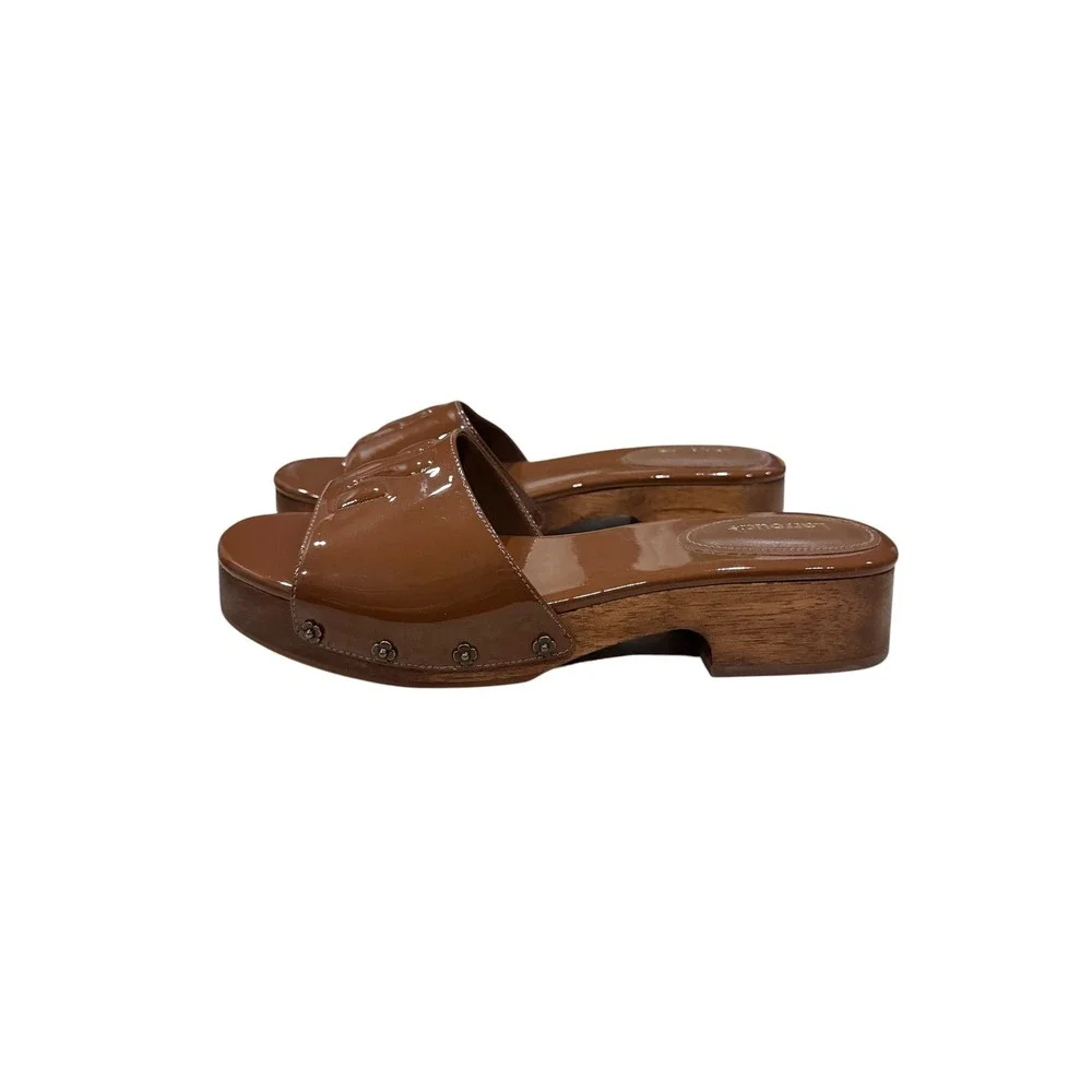Larroude 8 Miso Platform Slides Caramel Patent Leather Brown Slide Sandal